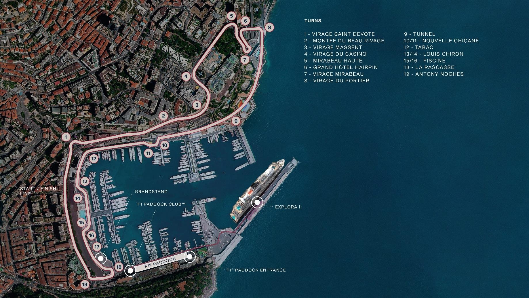 Mapa do circuito de Mônaco e localização ilustrativa do EXPLORA I no Porto Hércules