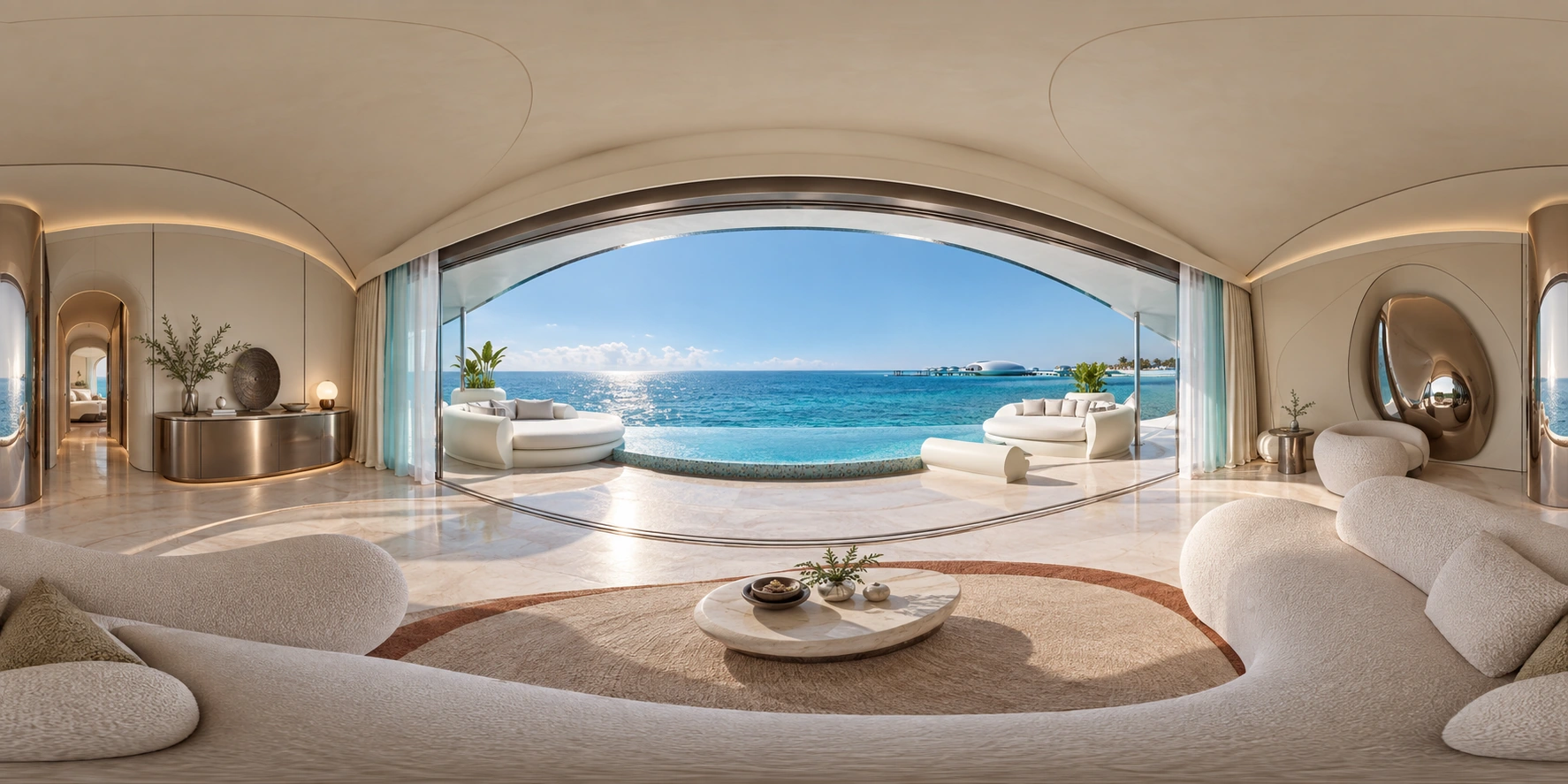 Visualização ilustrativa gerada por IA de uma sala inspirada nas villas do Shebara, com piscina e mar ao fundo