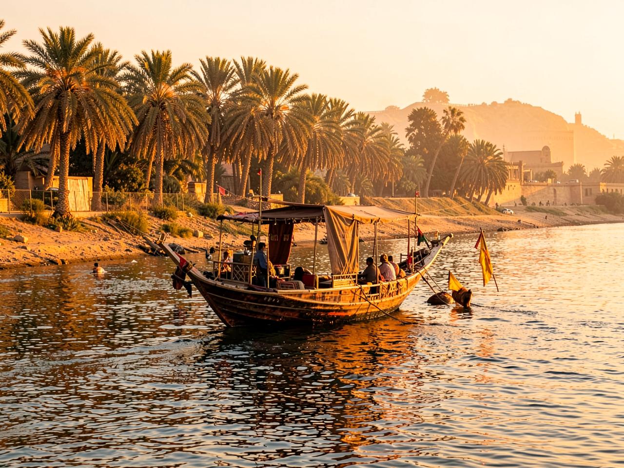 Faluca navigating in the Nile at dusk with palm trees on the bank