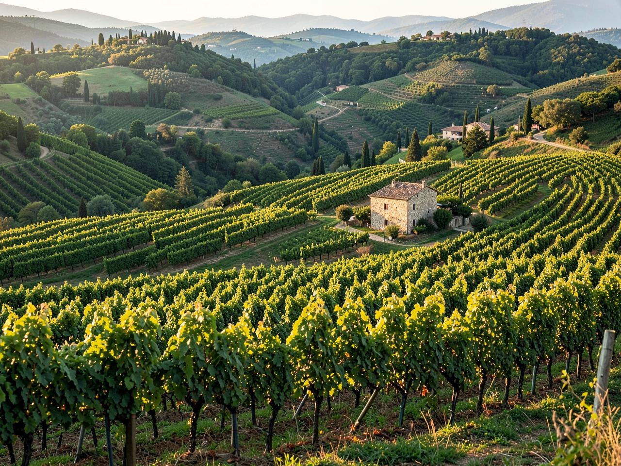 Vineyards in Tuscan hills with stone house to the center