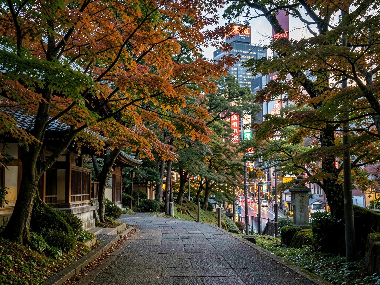 Temple path with edges and to the bottom a street illuminated from Tokyo