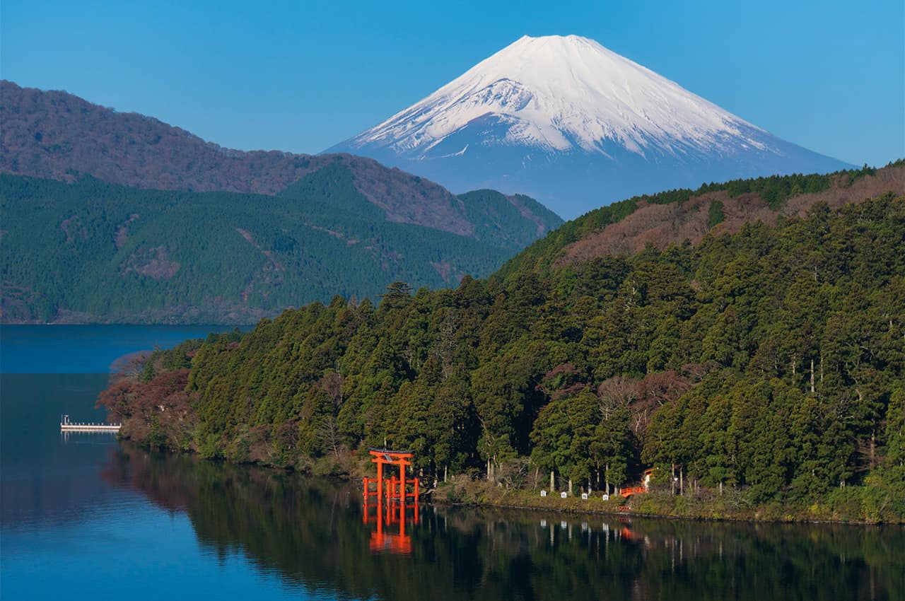 Hakone-jinja shrine portal on Lake Ashi, with Fuji in the background
