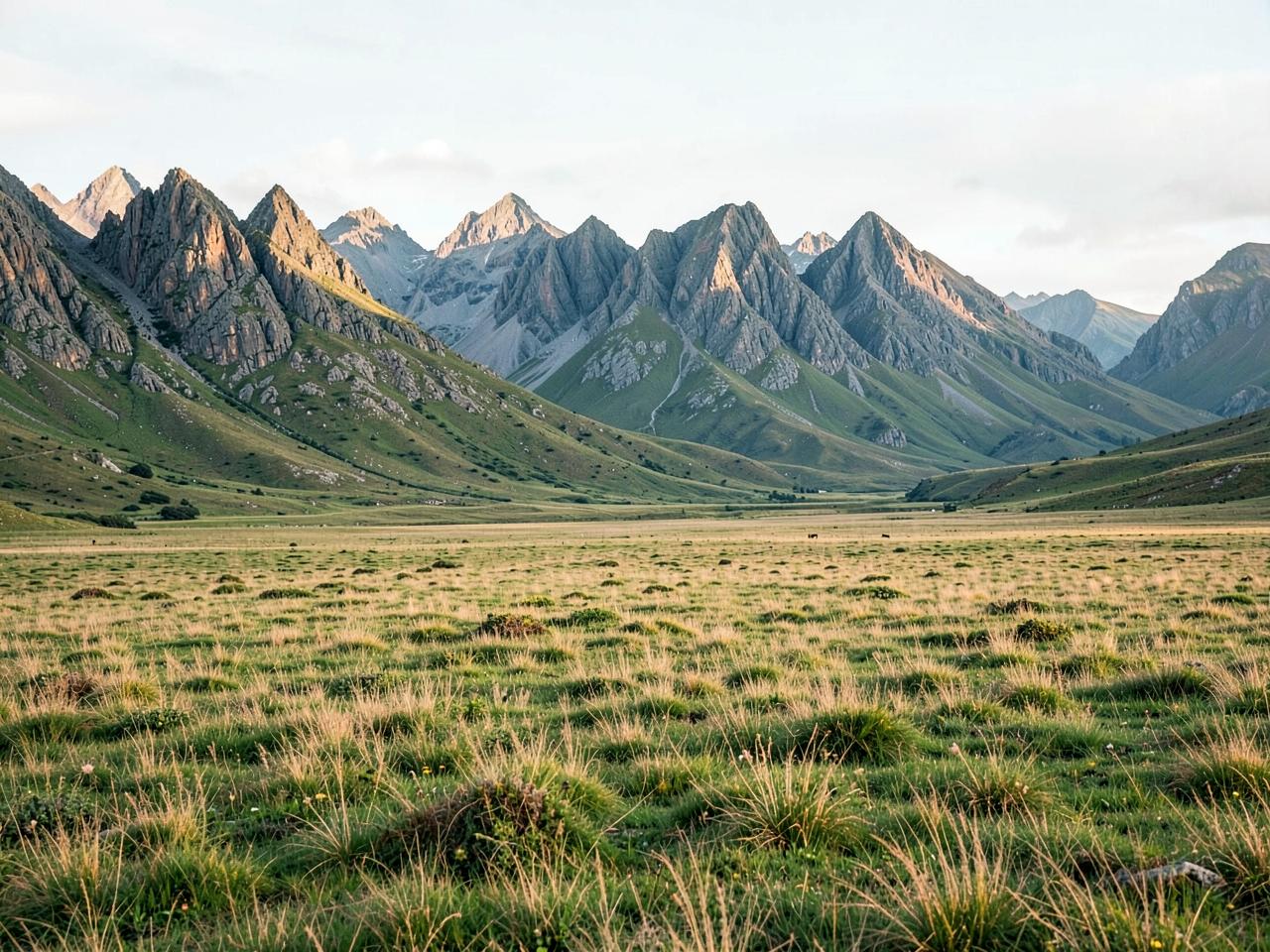 Green steppe valley with granite mountains at the bottom in Patagonia