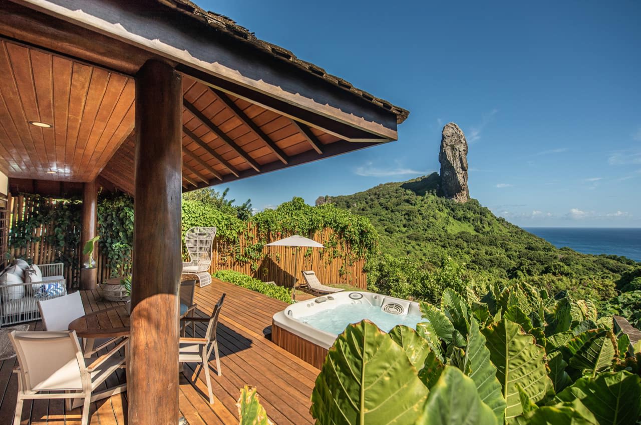 Inn deck in Noronha with the Pico Hill in the background